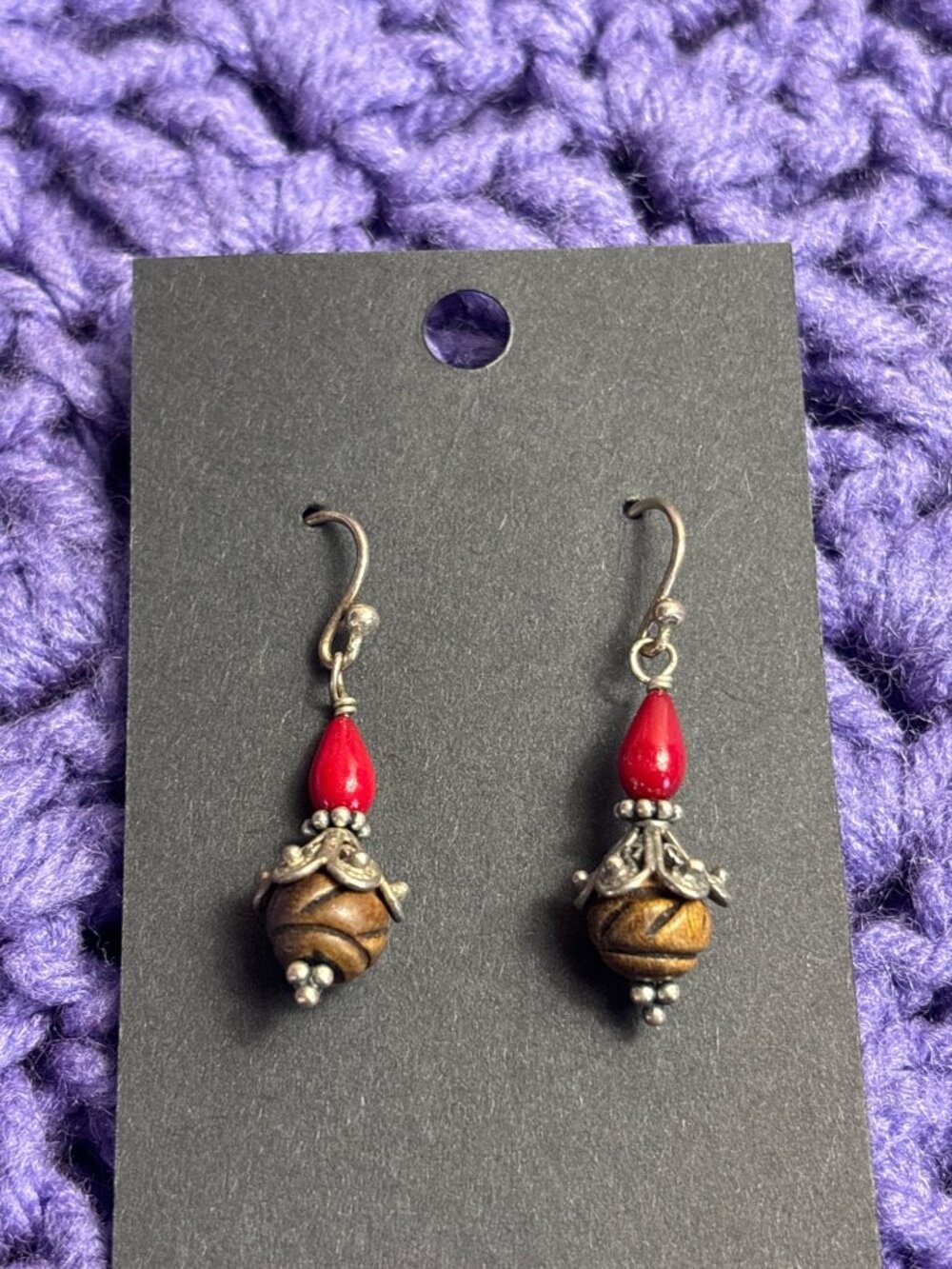 Vintage Ornate Silvertone Red Glass Wooden Bead Dangle Earrings 1 inch